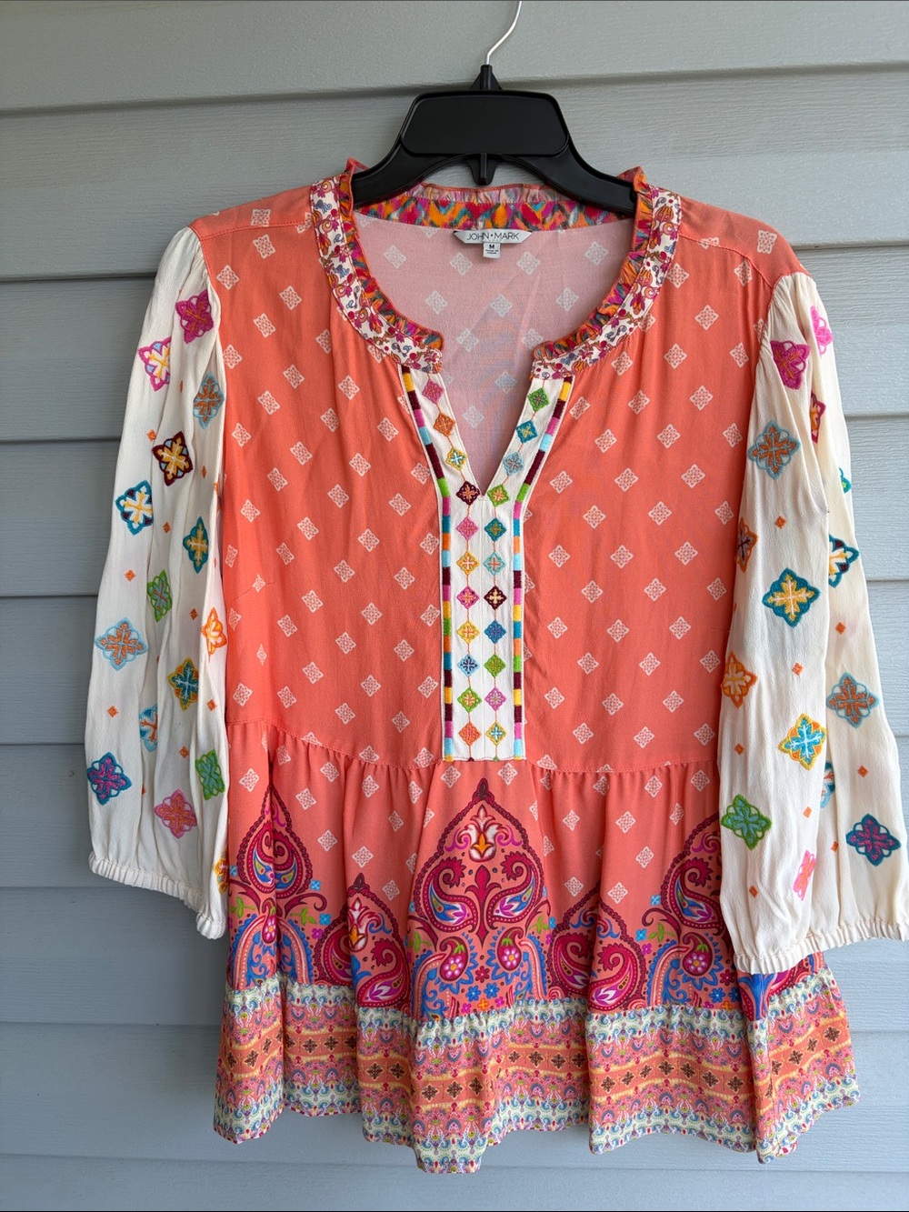 NWT John Mark Coral and Cream Embroidered Peasant boho blouse